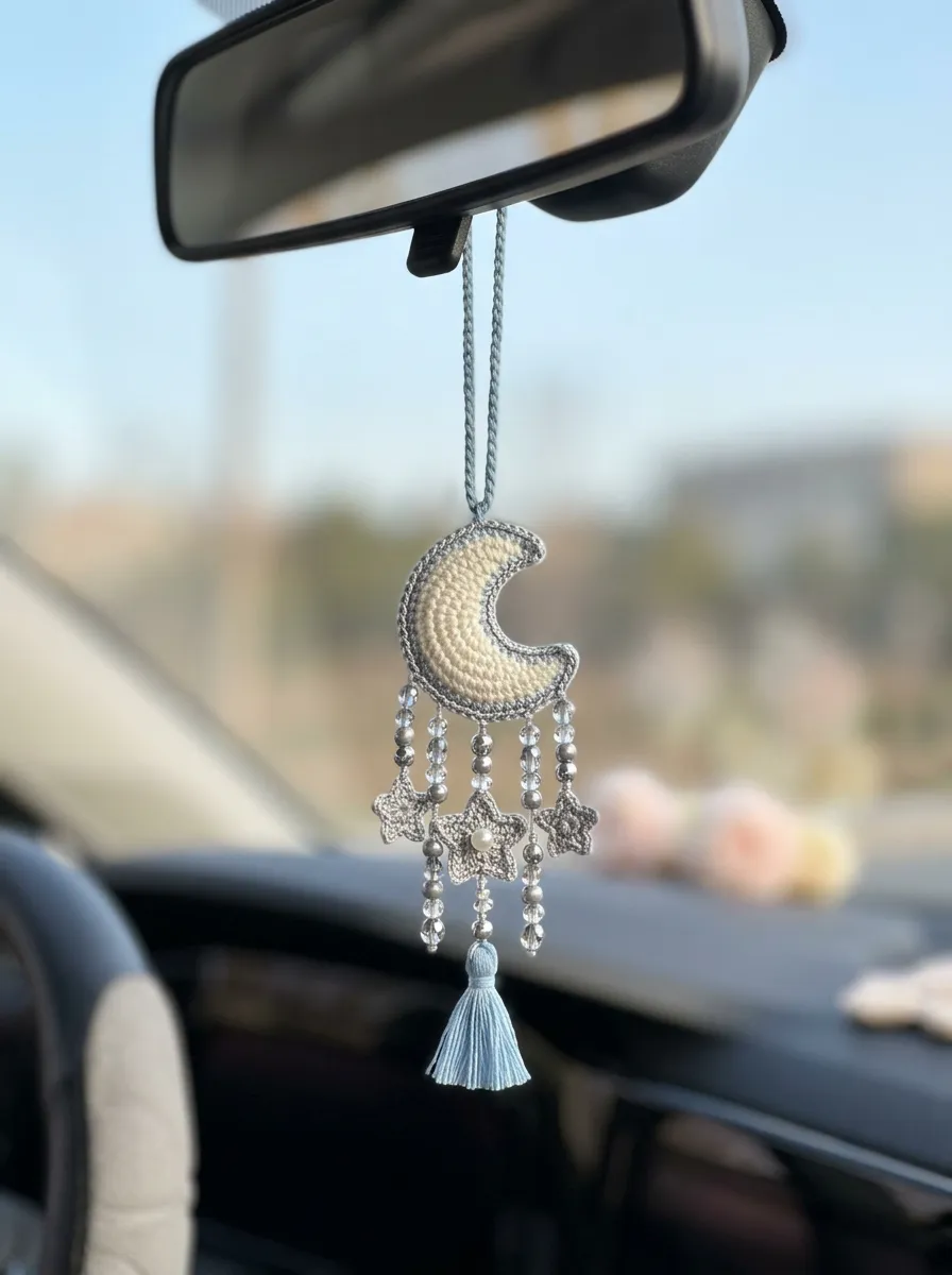 Crochet Beaded Moon-Star Rearview Mirror Hanging Ornament
