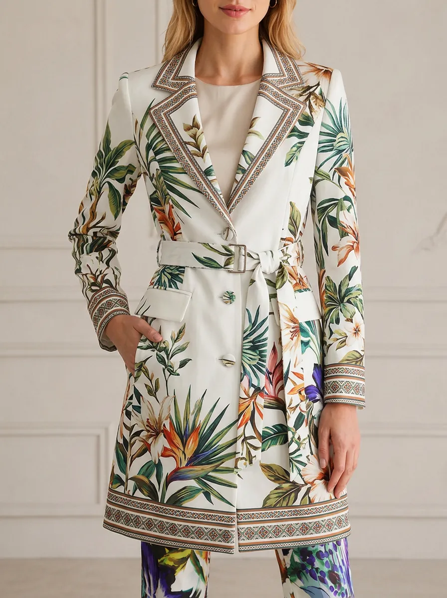 Women's Tropical Floral Botanical Printed Belted Blazer Jacket