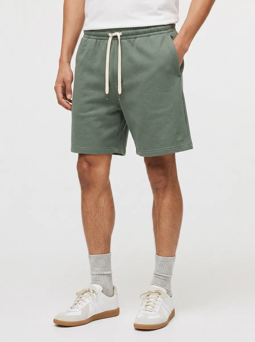Men's Casual Sage Green Drawstring Cotton Fleece Shorts