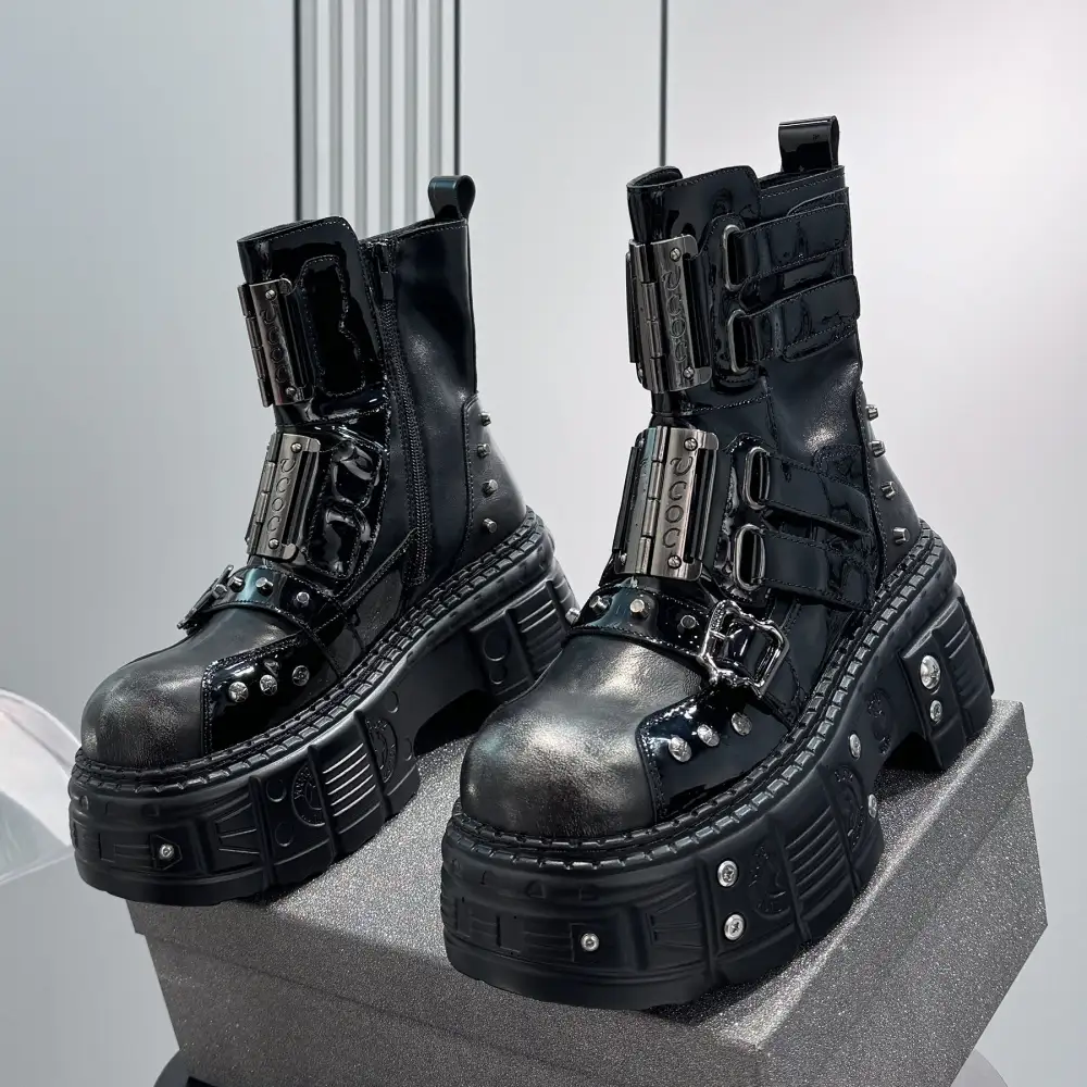 Patent Strap Buckle Studs Platform Ankle Boots