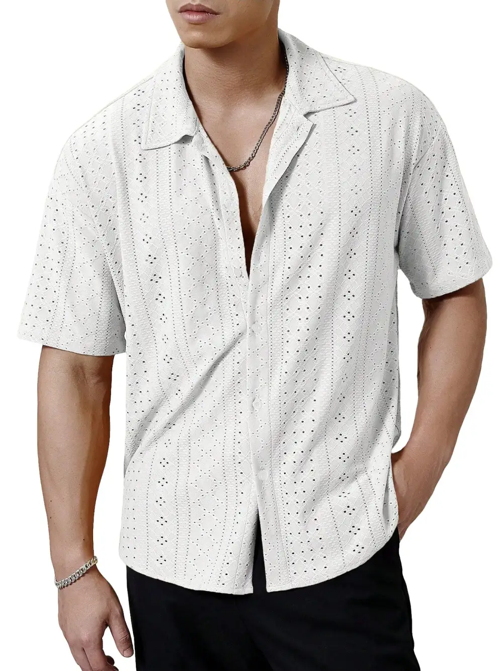 Men's Short-Sleeve Casual Shirt With Openwork Embroidery Lapel Collar And Relaxed Fit