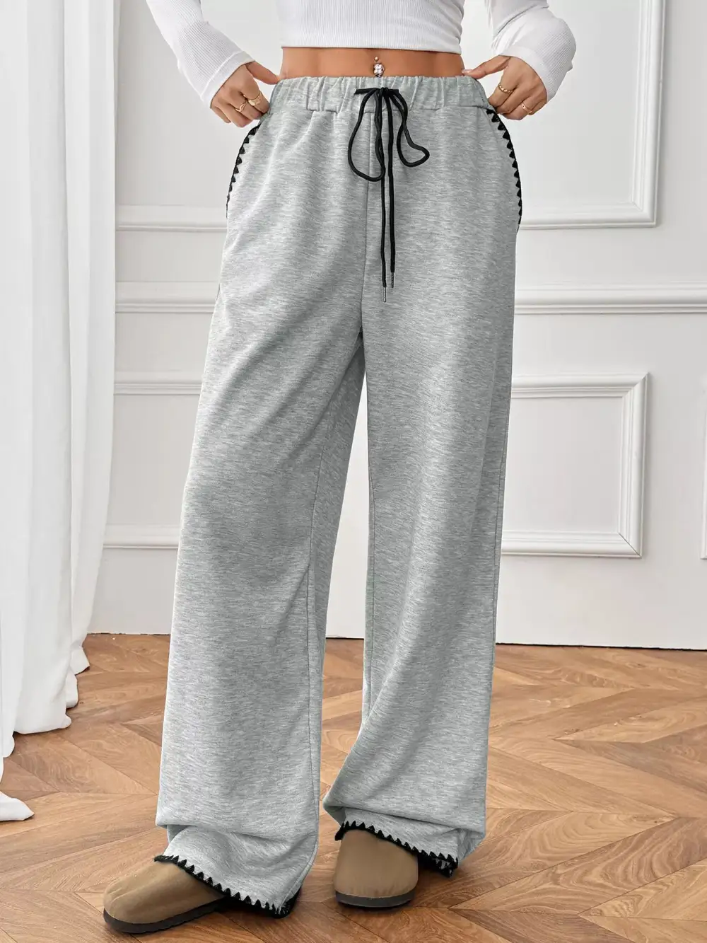 Textured Wide Leg Drawstring Pants
