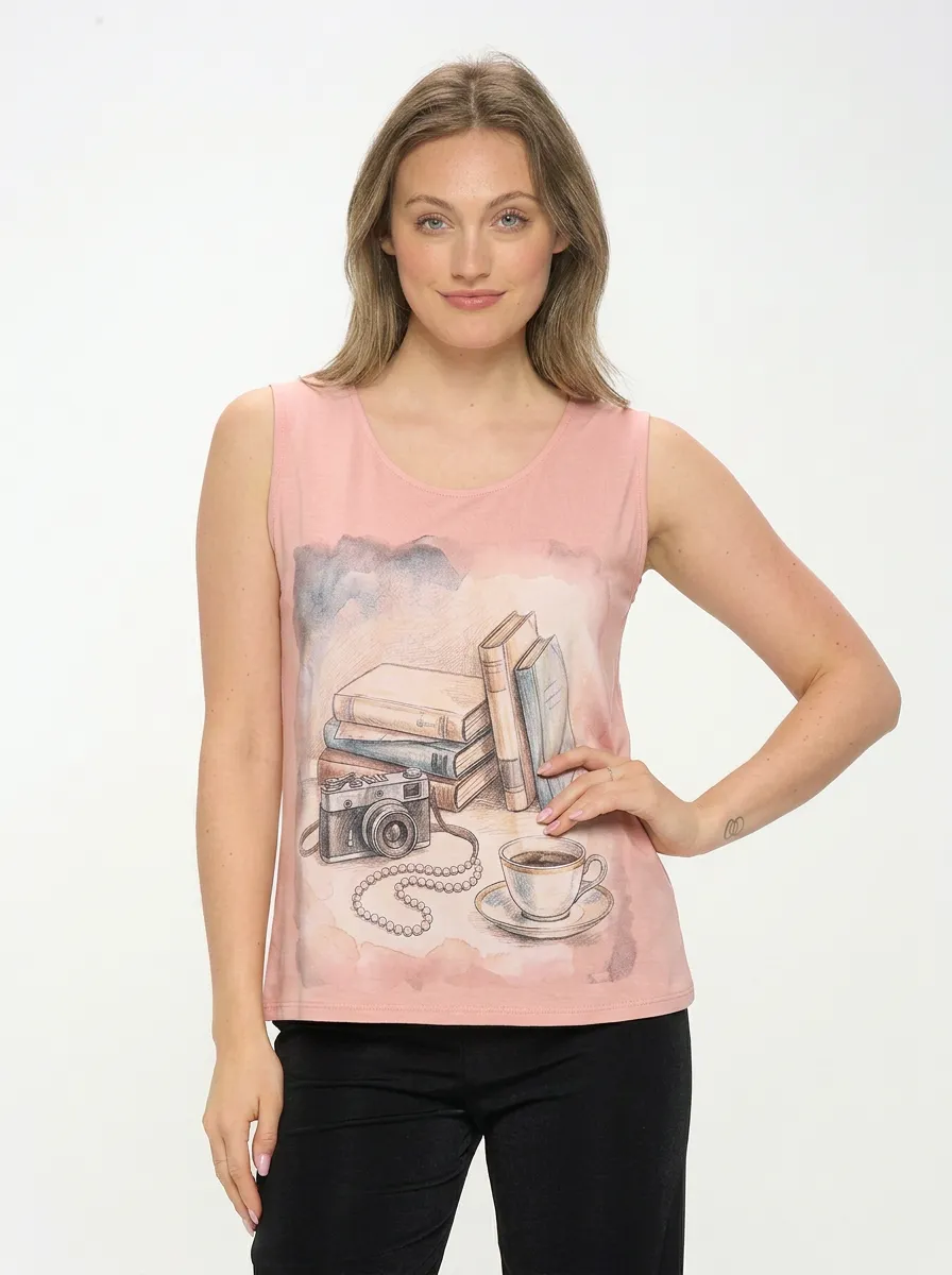 Women's Book Lover Camera Coffee Printed Tank Top