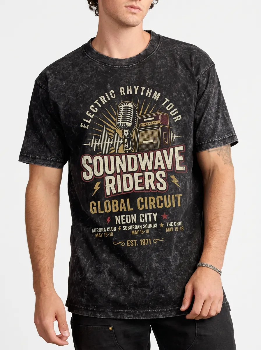 Men's Rock Band Tour Microphone Soundwave Printed T-shirt