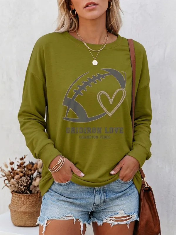 Women's Relaxed Gridiron Heart Ball Love Crewneck Long Sleeve T-Shirt
