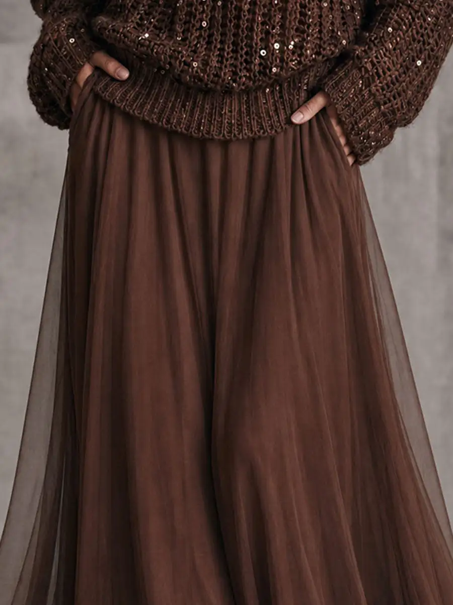 Boho Elegant Chocolate Brown High Waist Tulle Maxi Skirt
