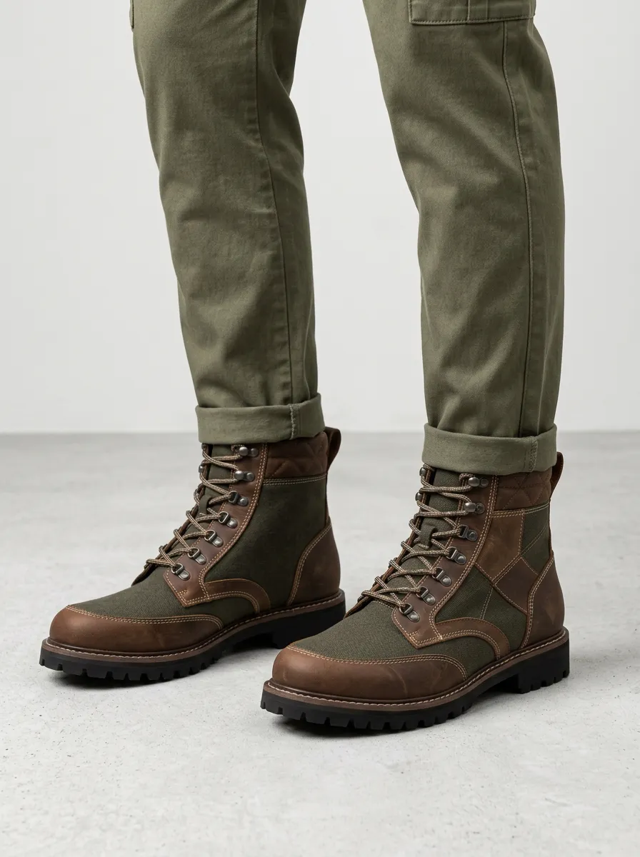 Unisex Outdoor Hiking Leather Canvas Print Work Boots