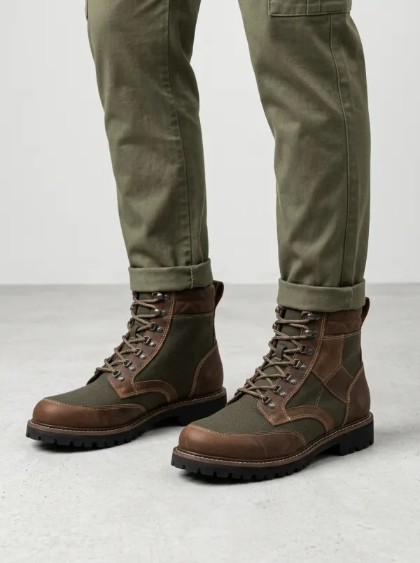 Unisex Outdoor Hiking Leather Canvas Print Work Boots