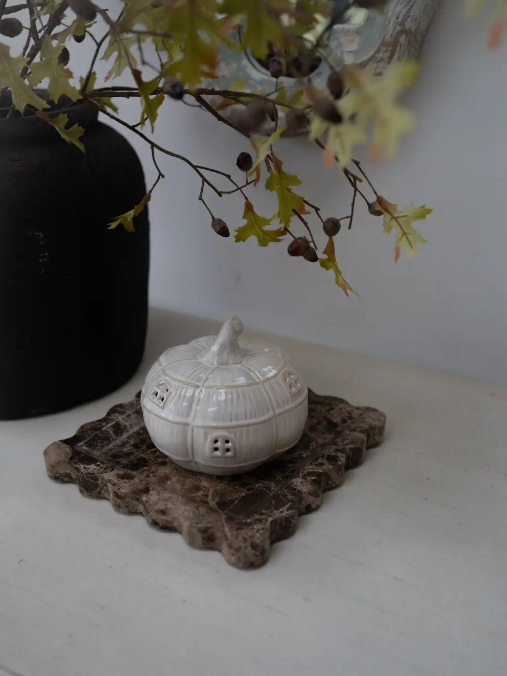 Stoneware Led Pumpkin House Ornament