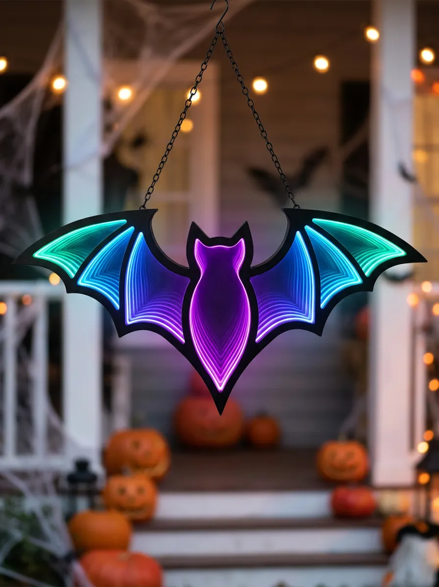 Infinity-Mirror Neon-Look Hanging Halloween Bat Light
