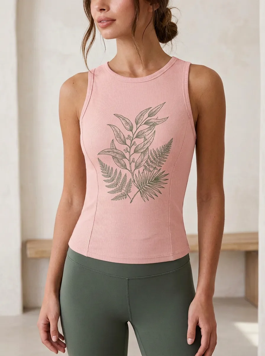 Women's Nature Lover Botanical Fern Printed Ribbed Tank Top
