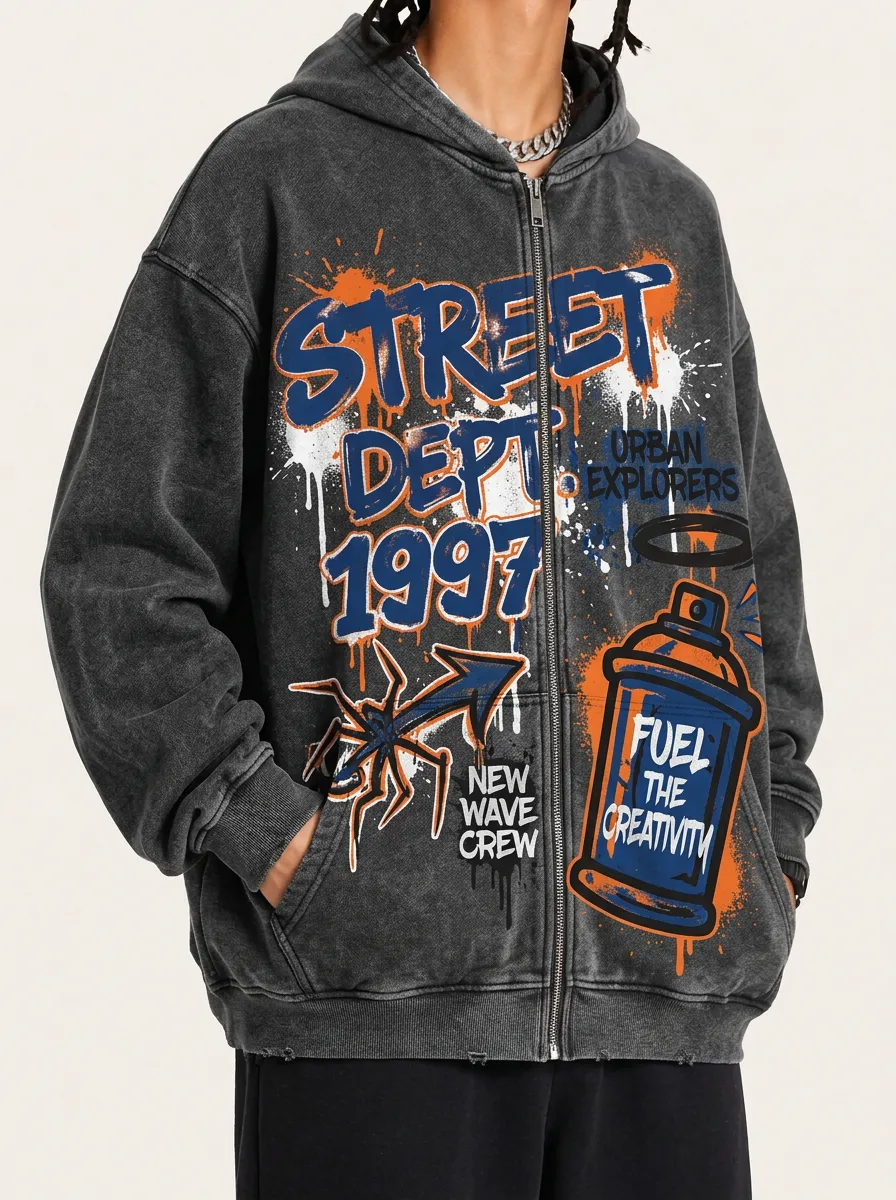 Men's Streetwear Graffiti Spray Paint Printed Zip Up Hoodie