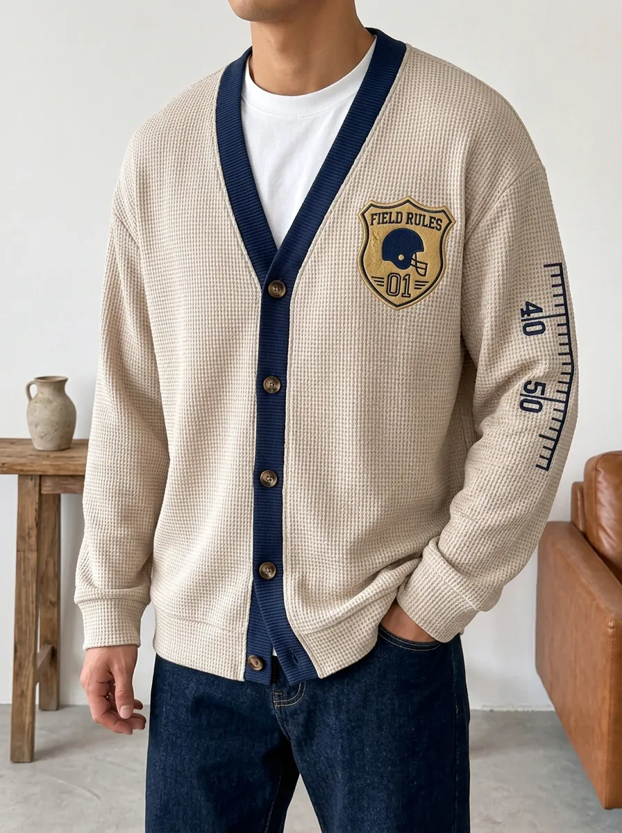 Men's Football Fan Field Rules Helmet Printed Waffle Cardigan