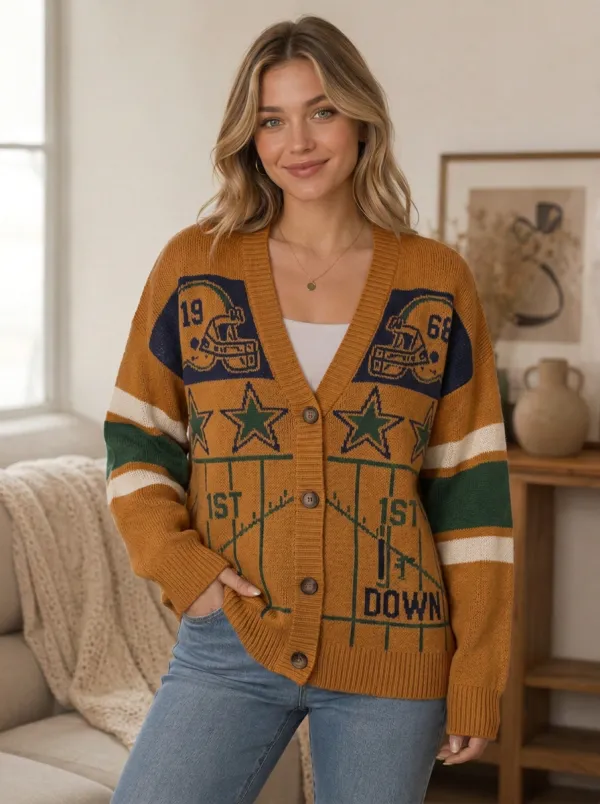 Women's Field Inspired Gridiron Helmet Star Ball Knit Cardigan