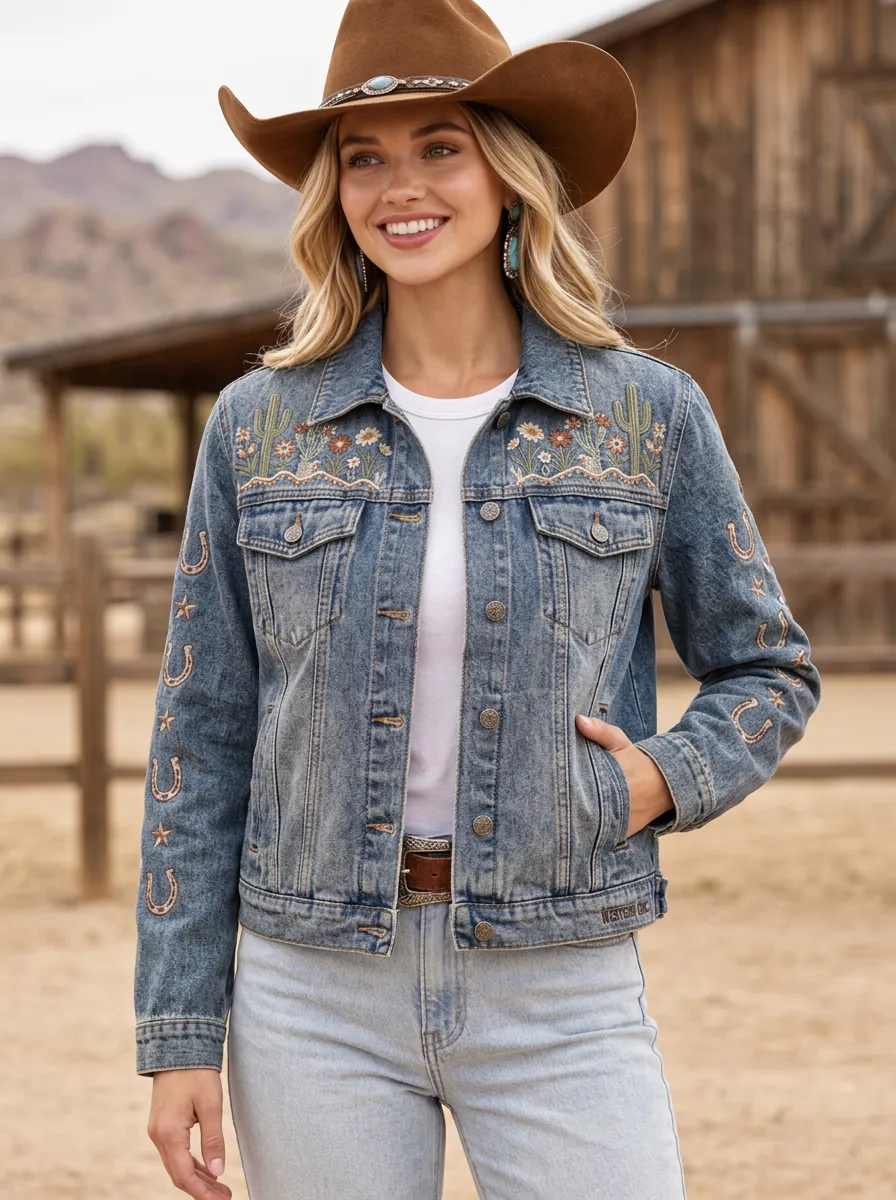 Women's Western Cowboy Horseshoe Horse Cactus Star Denim Jacket