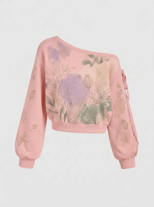 Women's Botanical Nature Lover Watercolor Floral Printed Off-Shoulder Sweatshirt