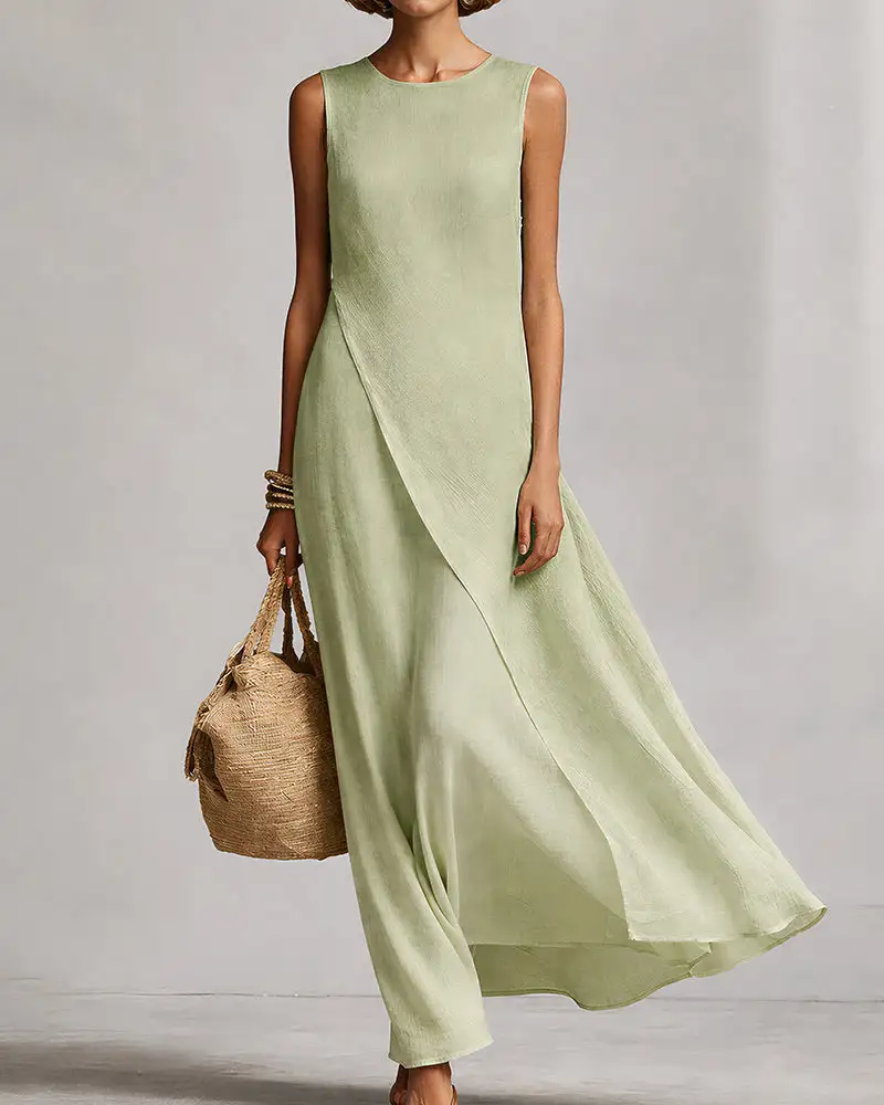 Asymmetric Hem Linen Blend Sleeveless Maxi Dress