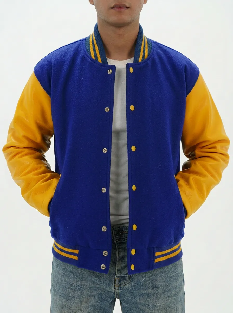 Men's Green & Yellow Leather-Sleeve Wool Baseball Jacket