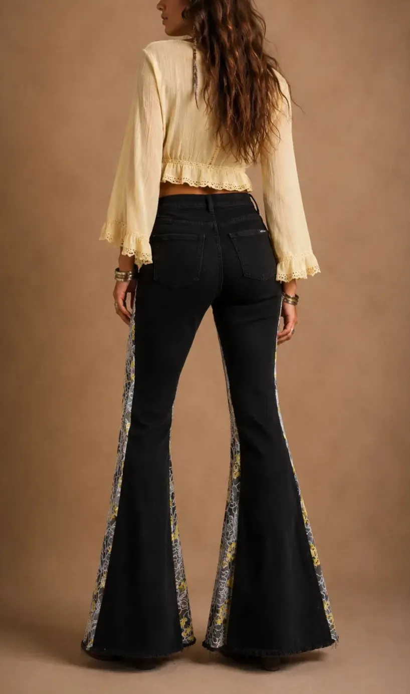 Lace Detail Flare High Rise Embroidered Western Style Denim Jeans