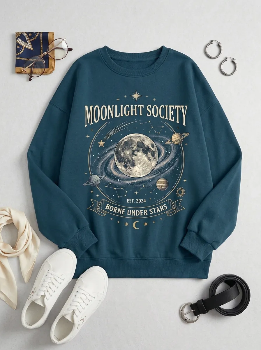 Women's Celestial Moonlight Society Moon Planets Printed T-shirt
