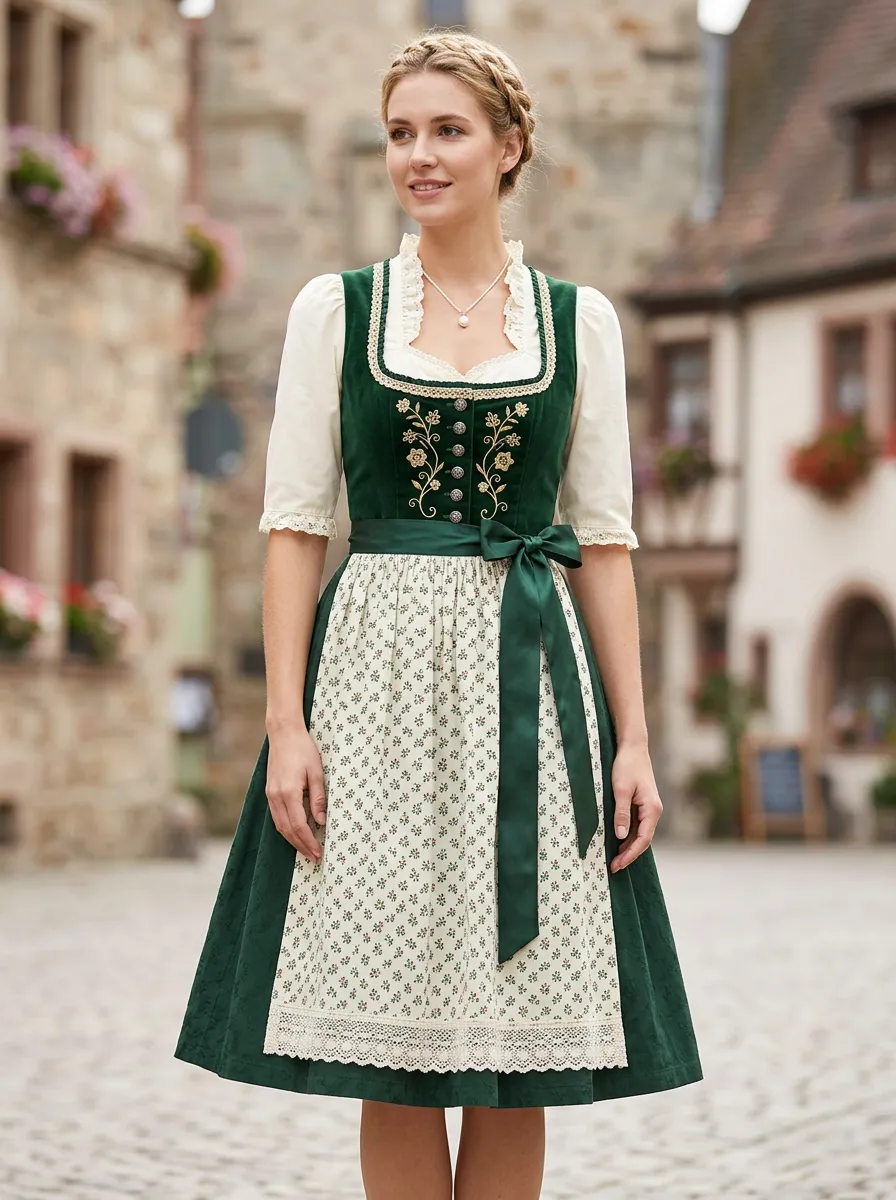 Floral Embroidered Floral Apron Square Neck Women's Bavarian Oktoberfest Dirndl Dress