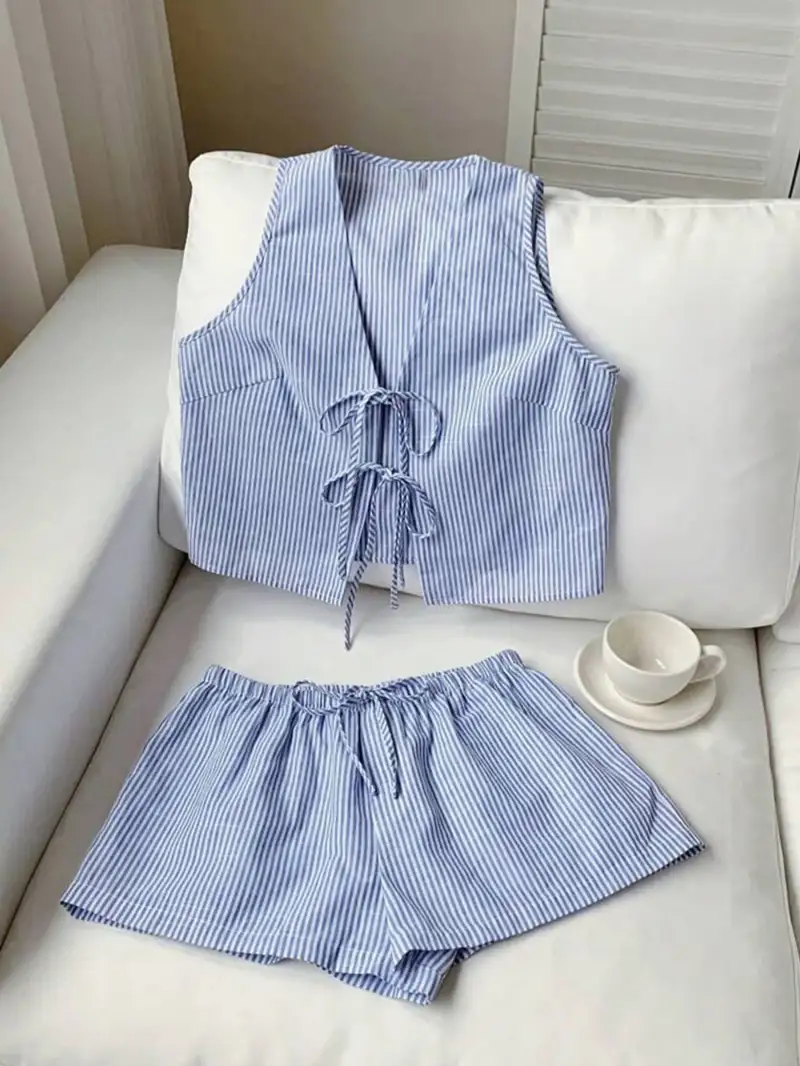 Drawstring Striped Vest and Shorts Matching Set