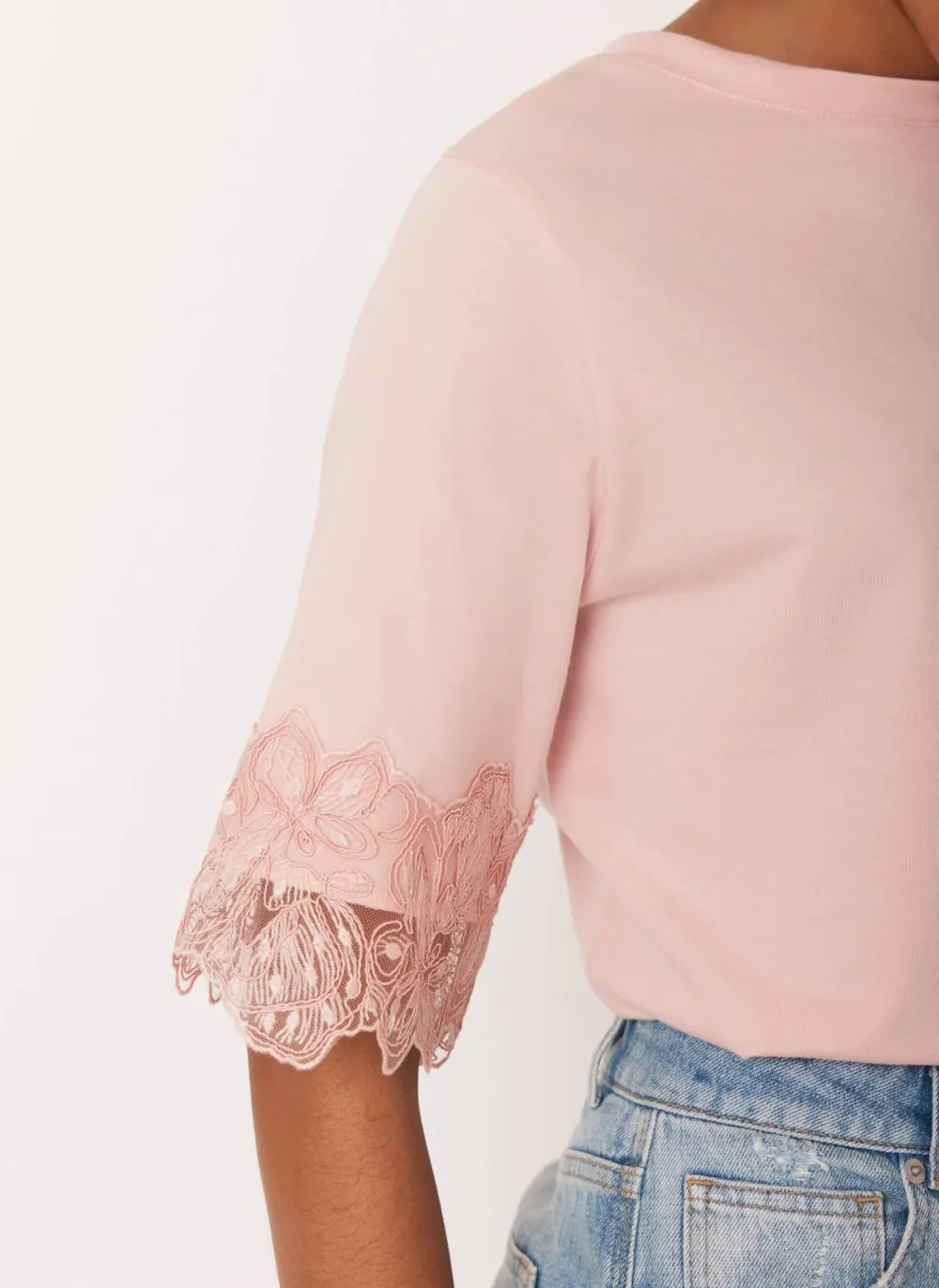 Casual Style Pink Cotton Lace Trim T-Shirt