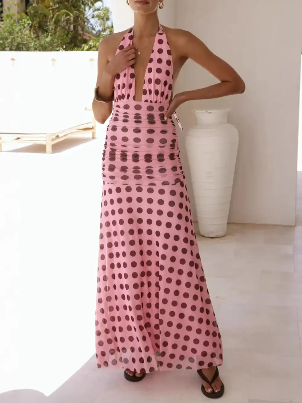 Ruched Halter Polka-Dot Maxi Dress