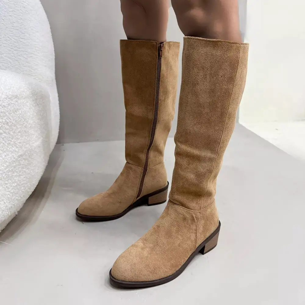 Pleated Round Toe Block Heels Boots