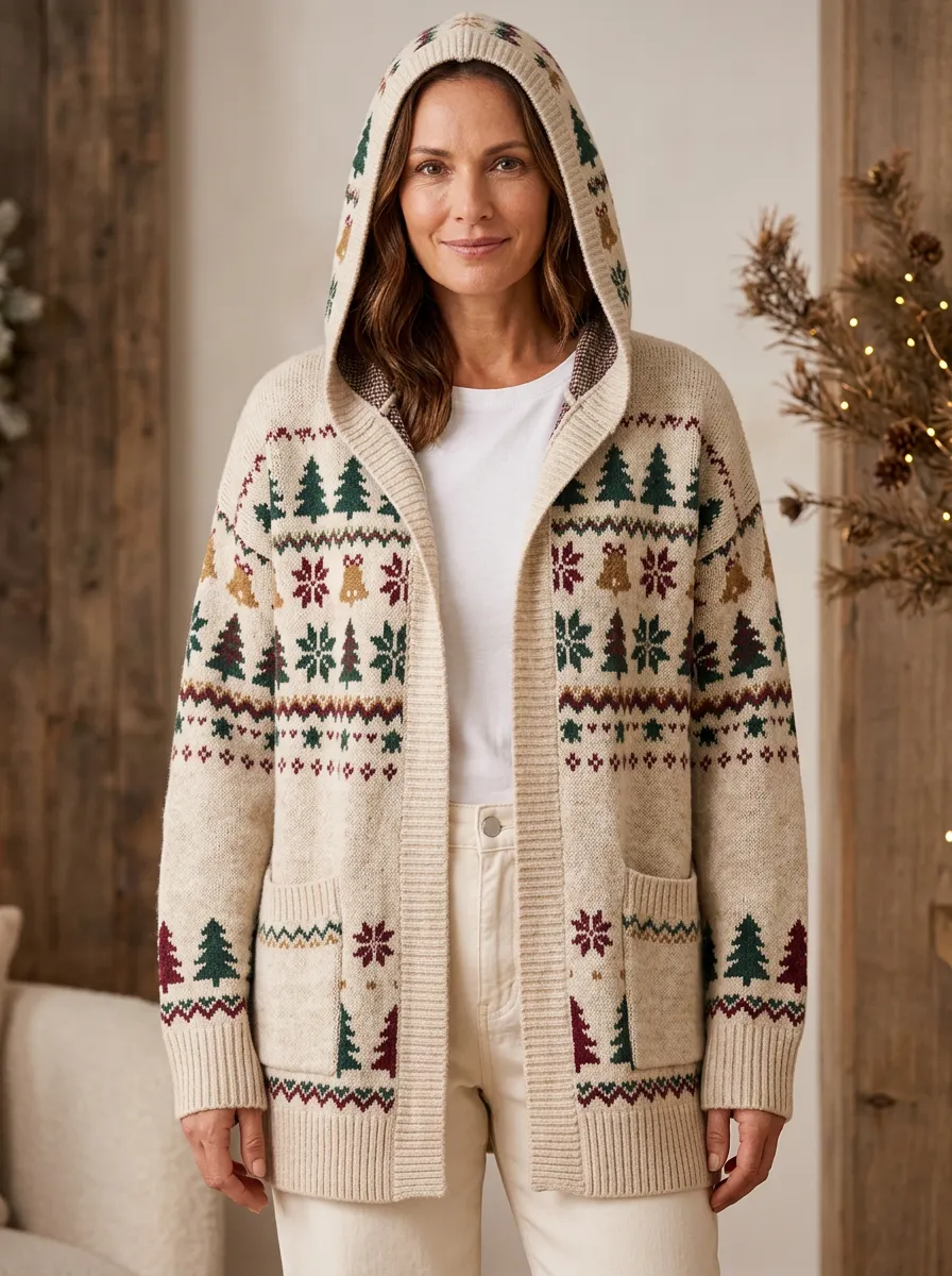 Christmas Holiday Tree Bell Pattern Print Hooded Cardigan
