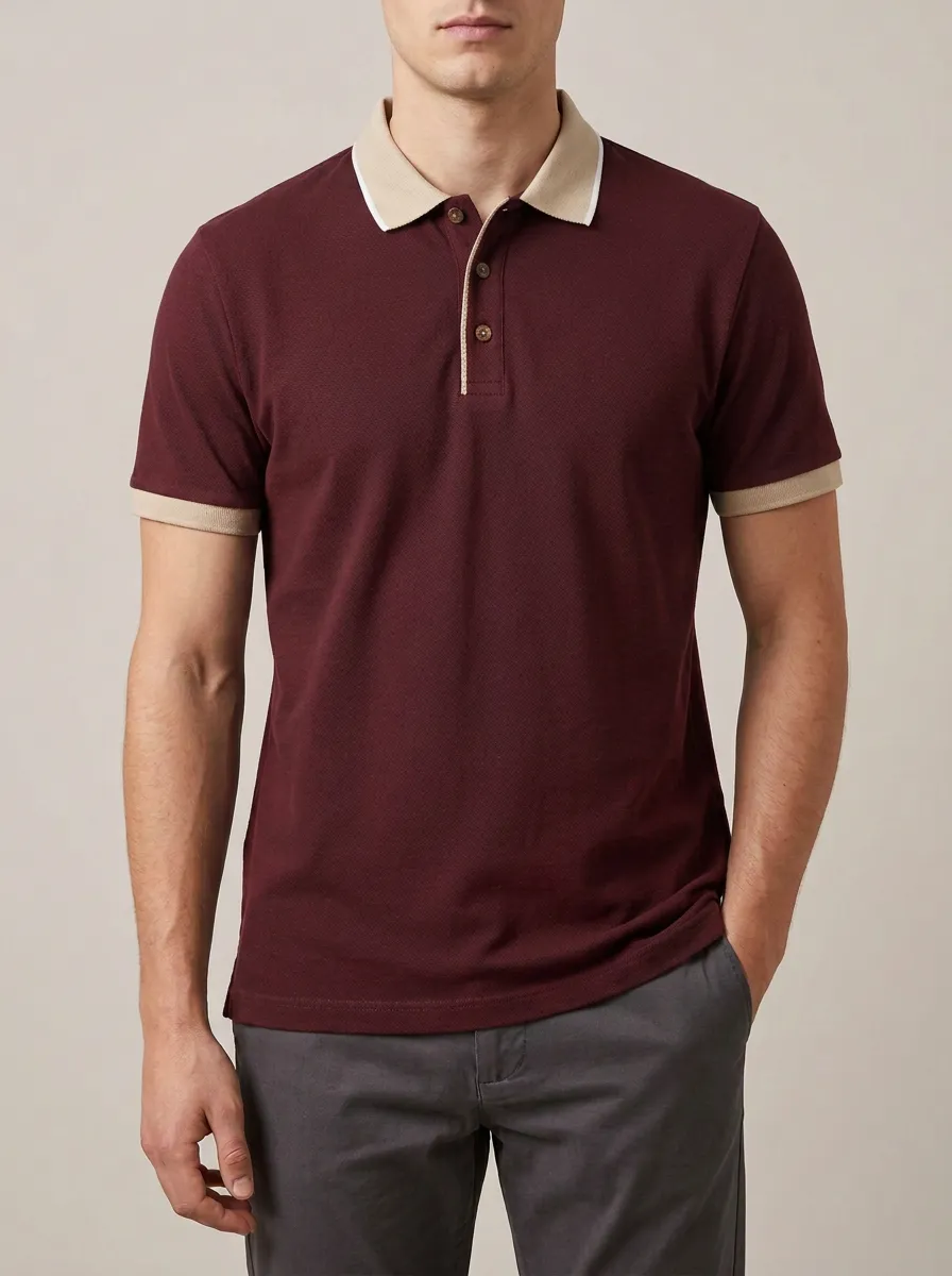 Men's Classic Knit Ribbed Textured Contrast-Collar Contrast-Trim Polo Shirt