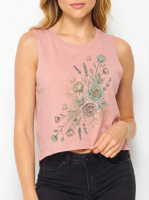 Women's Floral Lover Botanical Rose Butterfly Printed Tank Top