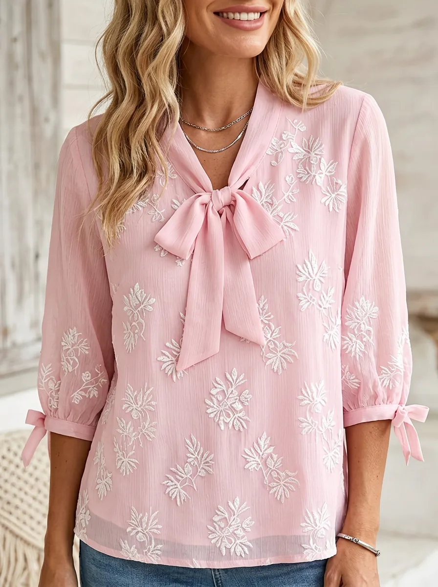 Women's V-neck Tie-neck Three-quarter Sleeve Blouse