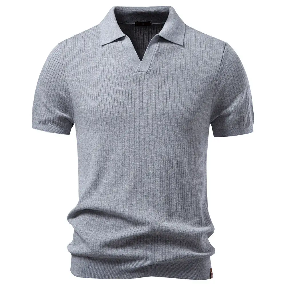 Ribbed Spread Collar Short Sleeve Polo Shirt