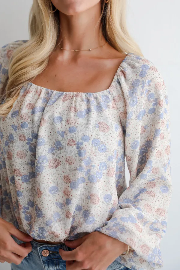 Square Collar Cream Floral Blouse