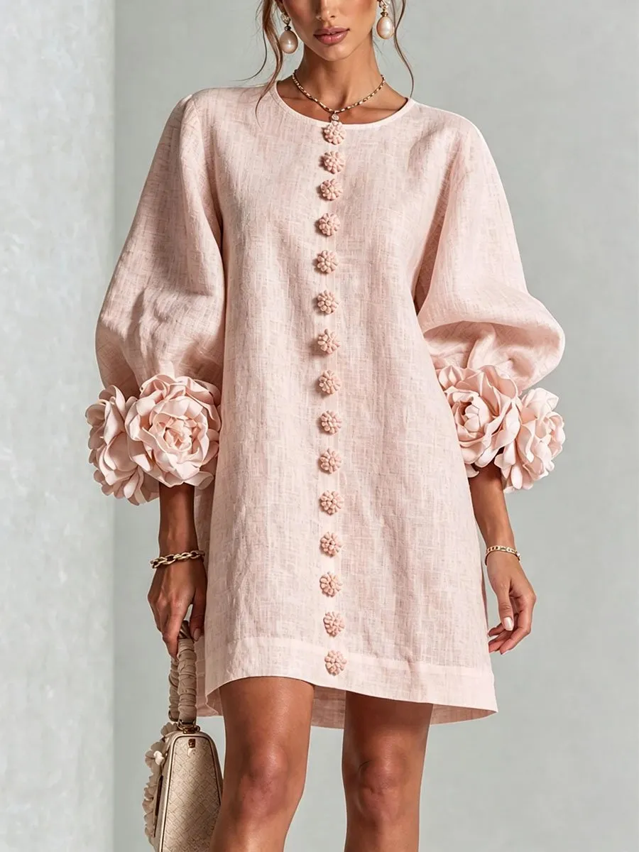 Printed 3D Floral Button-Front Mini Dress