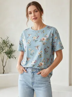 Hummingbird Floral Women's Loose Printed T-Shirt