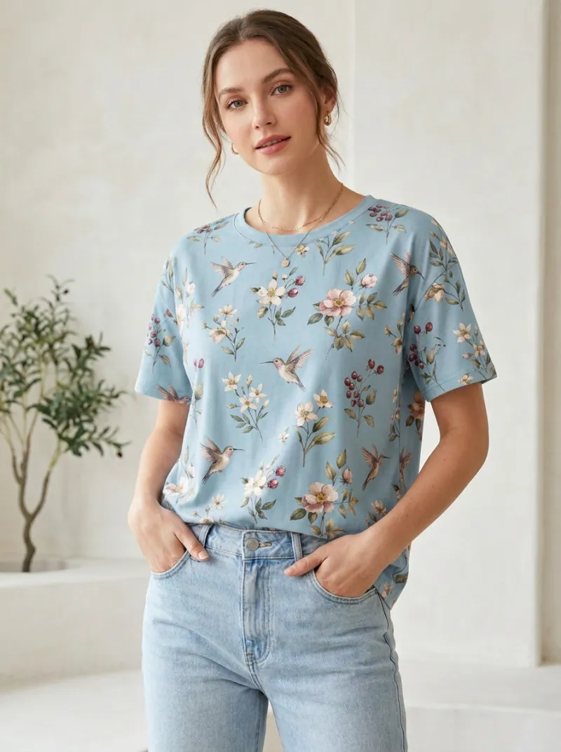 Hummingbird Floral Women's Loose Printed T-Shirt