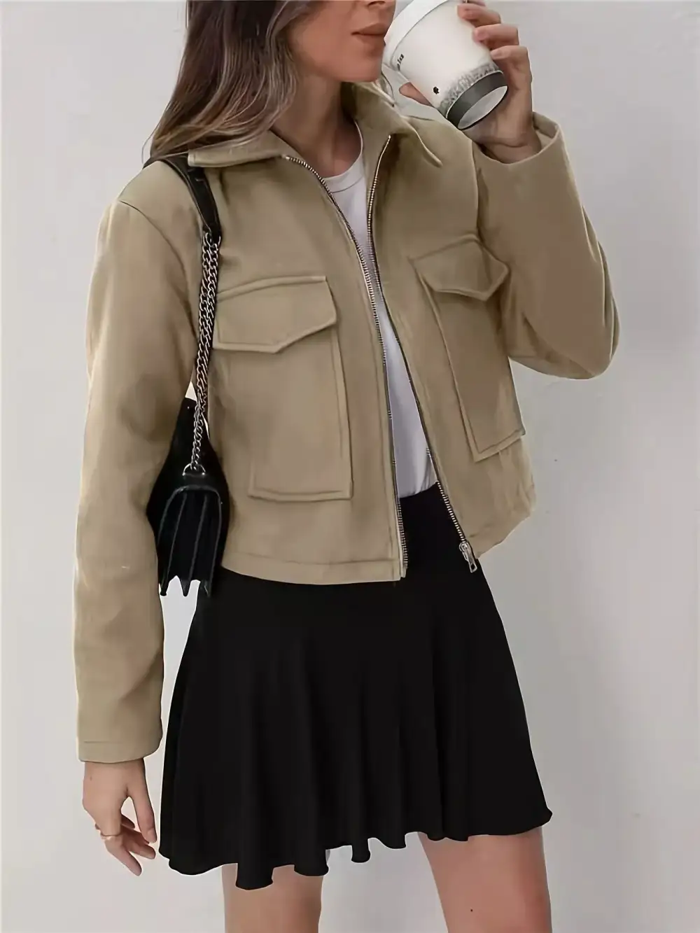 Cropped Zip-Up Pocketed Jacket