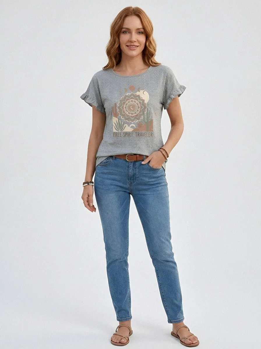 Women's Botanical Soul Cactus Fern Printed Ruffle Top
