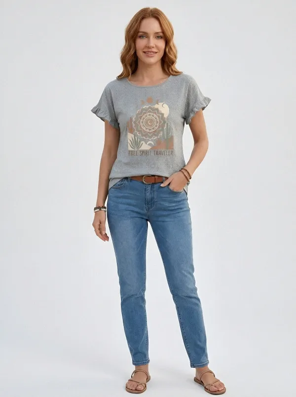 Women's Botanical Soul Cactus Fern Printed Ruffle Top