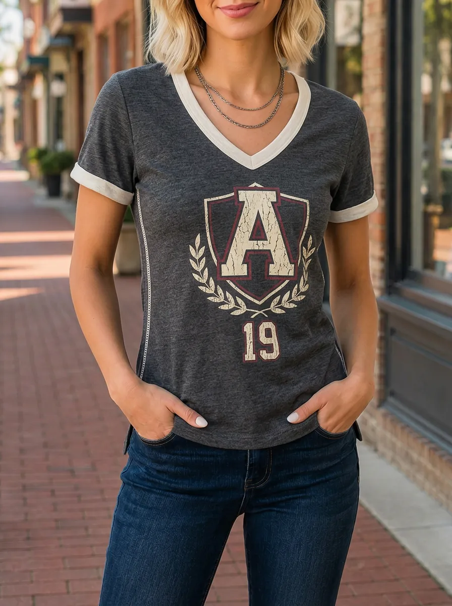 Women's Varsity Style Letter A Shield 19 Printed V-Neck T-Shirt