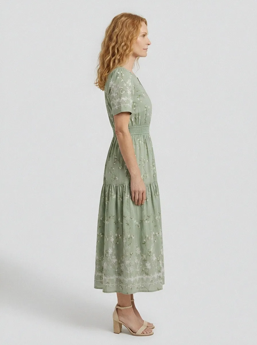 Women's Summer Vacation Sage Green Floral Embroidered Printed Dress