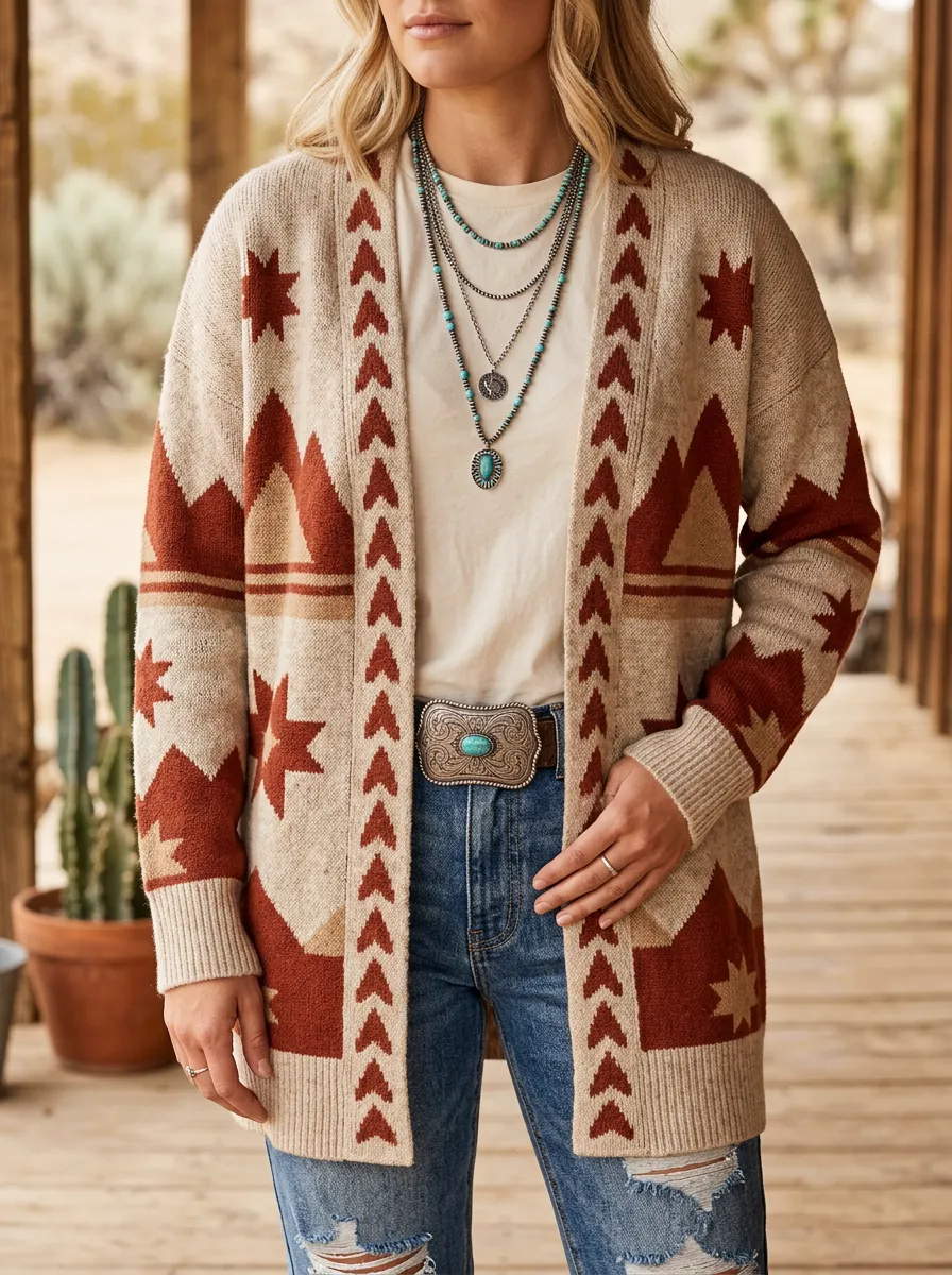 Women's Western Style Geometric Star Pattern Knitted Cardigan
