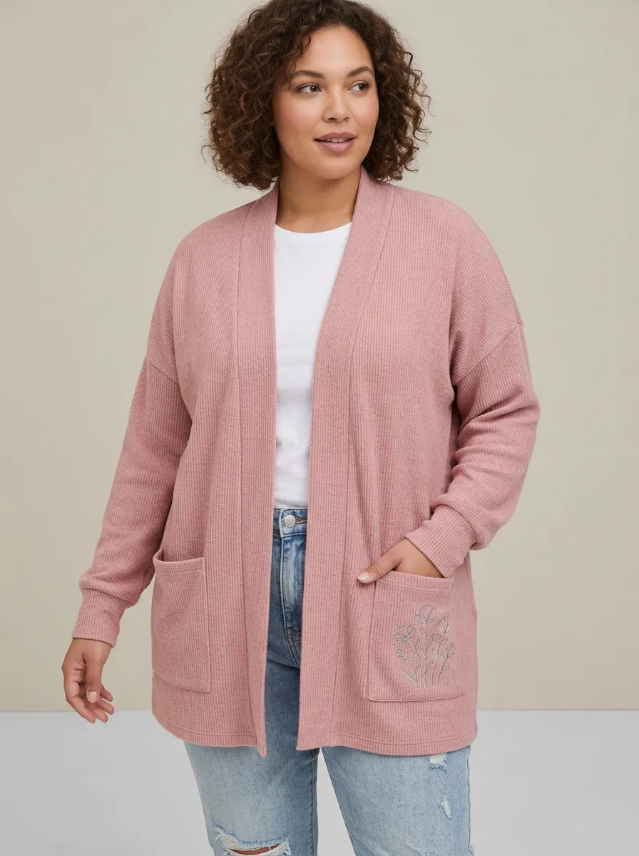 Pink Casual Floral Minimalist Embroidered Ribbed Cardigan