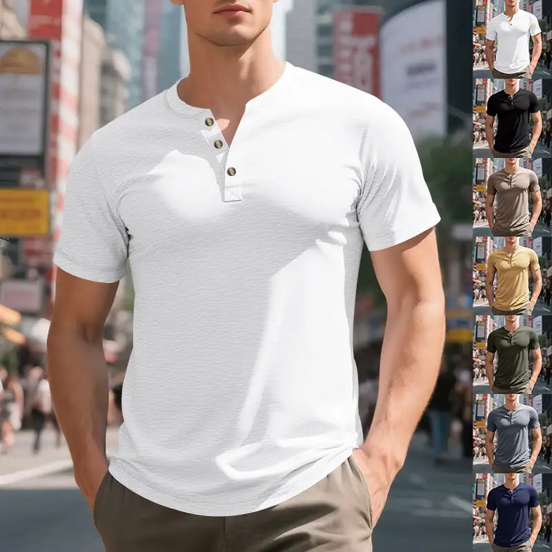 Men's Short-Sleeve Henley T-Shirt Soft Cotton With Decorative Button Placket