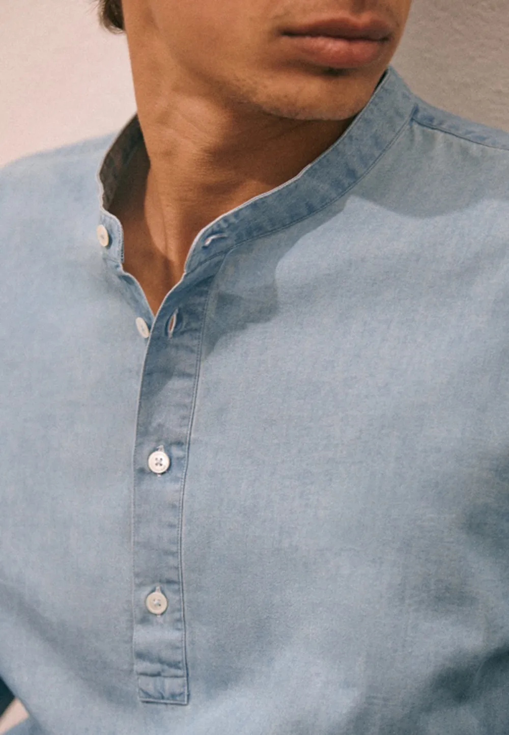 Light Blue Denim-Look Henley Style Long Sleeve Shirt