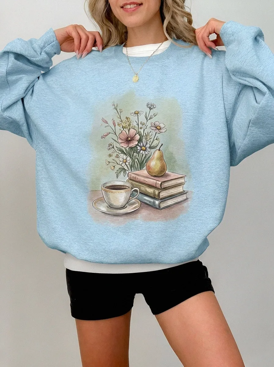 Women's Book Lover Coffee Pear Floral Printed Sweatshirt