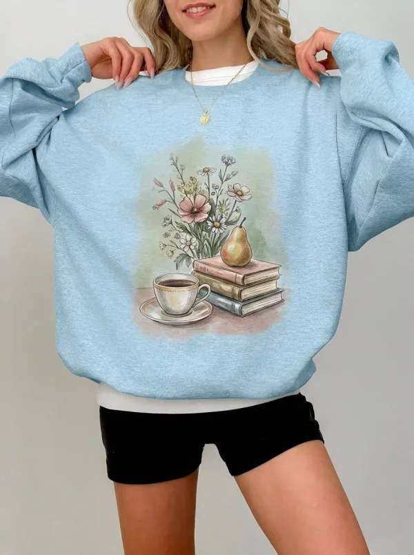 Women's Book Lover Coffee Pear Floral Printed Sweatshirt