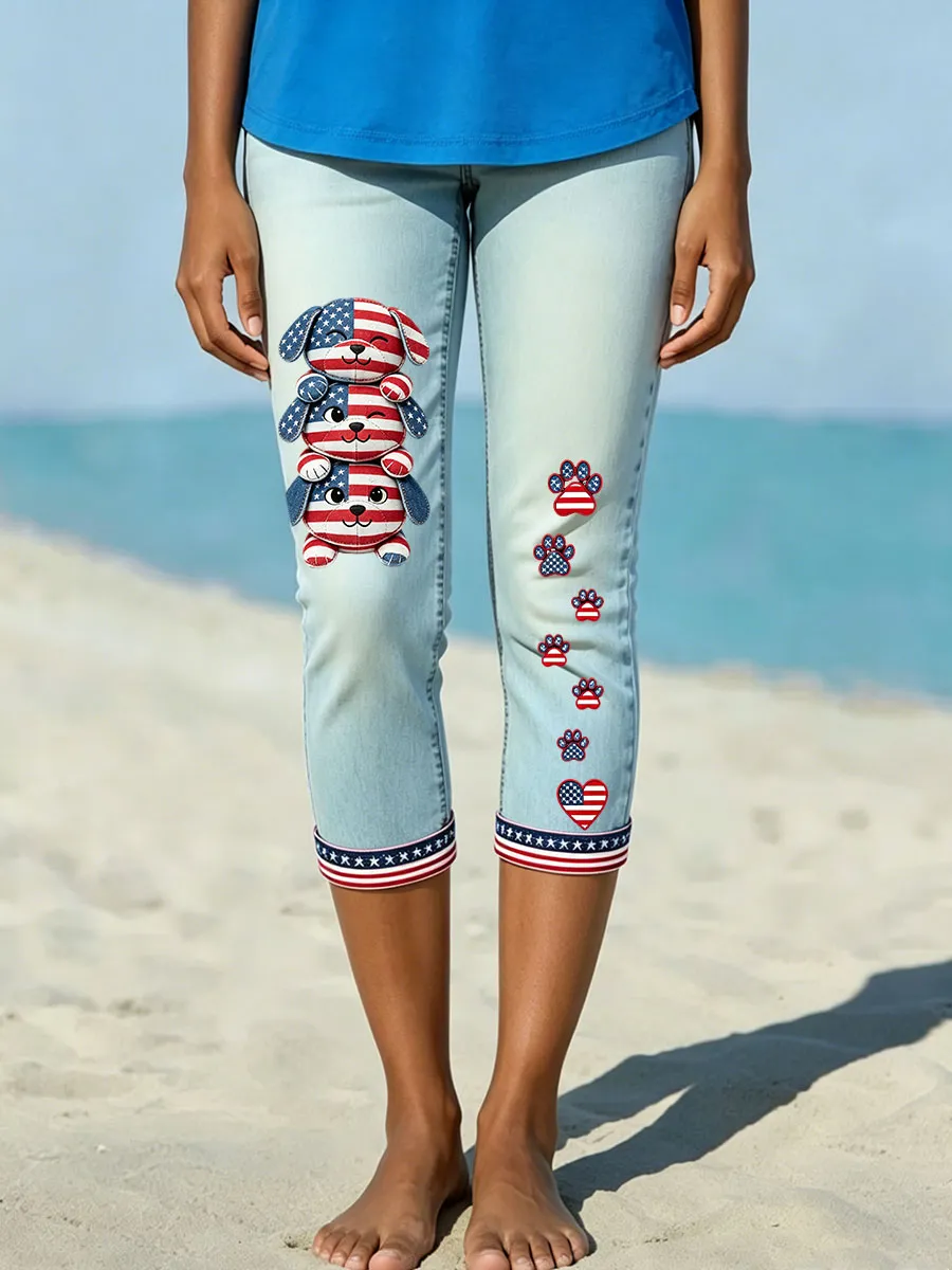 Women's American Paw Print Denim Pattern Leggings